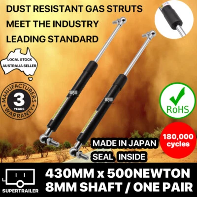 2x gas struts 430mm 500n (8mm shaft) camper trailer caravan canopy toolbox strut - image 1 of 4