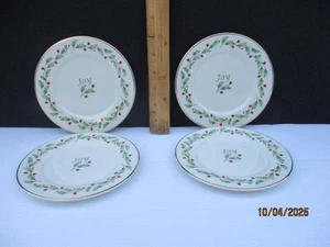 4-Lenox "Holiday " ( JOY ) Dimension , Dessert Plates Gold Rim/ Holly Berries - Picture 1 of 8