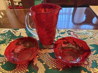 Vtg Morgantown SENECA Ruby Red Crinkle Glass Pitcher  and 2 Bowls Driftwood MCM - Image 1 of 4