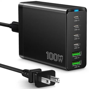Fast USB C Charging Station, Total 100W 6-Port Charger Block with 4 USB-C and... - Photo 1 sur 7