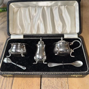 Vintage Silver Regis Plate EPNS Blue Glass Lined Cruet Set Salt Pepper Mustard - Picture 1 of 6