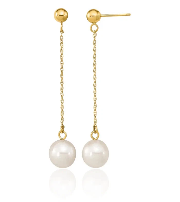 14K Solid Yellow Gold 7mm White Round Freshwater Cultured Pearl Dangle Earrings - Image 1 of 4