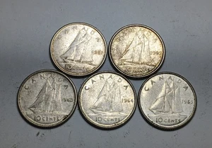 5x Canada 10 Cents - 1961, 1962, 1963, 1964 and 1965 - Canadian Silver Dimes - Picture 1 of 4