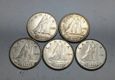 5x Canada 10 Cents - 1961, 1962, 1963, 1964 and 1965 - Canadian Silver Dimes - Image 1 of 4