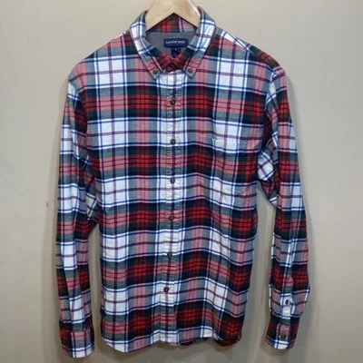 Camisa de franela Lands' End para hombre L a cuadros ajuste a medida botón ROJO BLANCO AZUL VERDE Foto 1 de 4