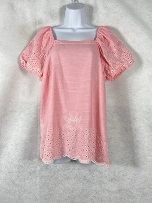 Talbots Top Women’s M Pink Square Neck Embroidered Puff Sleeve Pineapple Print - Image 1 of 4