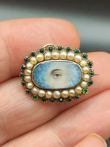 Rare Georgian Gold Lovers Eye Portrait Miniature Pearl / Peridot Pendant Brooch - Picture 1 of 20