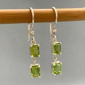 Emerald Cut Peridot Dangle Earrings: Handmade 925 Sterling Silver - Picture 1 of 10