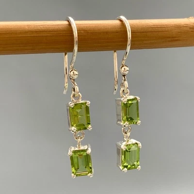 Emerald Cut Peridot Dangle Earrings: Handmade 925 Sterling Silver - Image 1 of 4