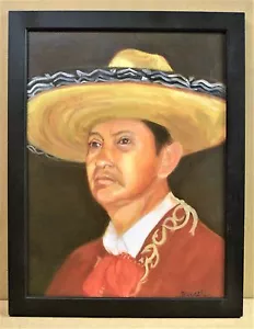 Hispanic Man Sombrero Mariachi 24x18 R Troestler Art Oil Portrait Painting Frame - Picture 1 of 4