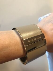 BURBERRY GRAY GOLD LEATHER CUFF BANGLE BRACELET ITALY - NEW