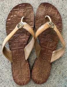 Tory Burch Thora Women Brown Tumbled Leather Gold Disc Logo Thong Sandals Flats - Picture 1 of 12