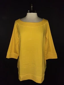 DENIM & CO Plus Size 2X Shirt Top Yellow 3/4 Sleeve Cotton Stretch Knit - Picture 1 of 4