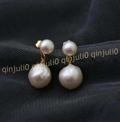 11-12mm Natural White South Sea Baroque Edison Pearl Dangle Gold Stud Earrings - Image 1 of 4