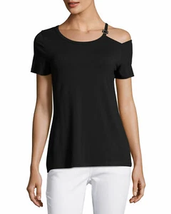 NWOT Neiman Marcus black cold shoulder women's shirt t-shirt top rayon stretch M - Picture 1 of 2