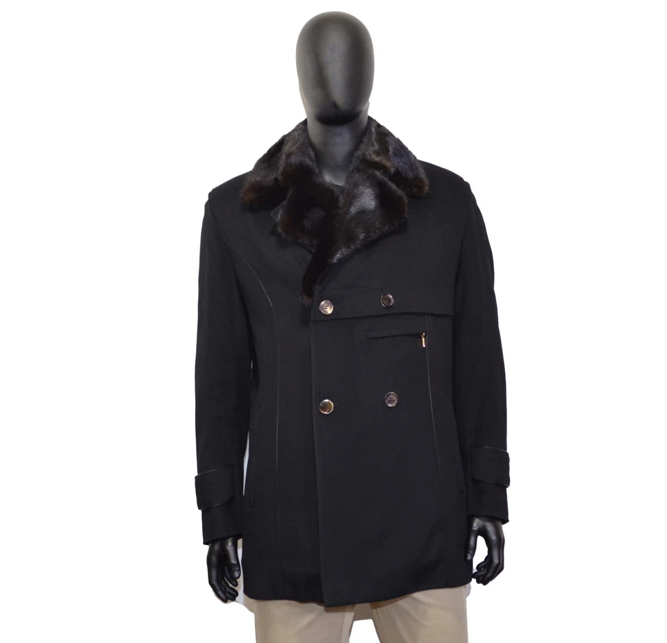 Men's ZILLI Double Breasted Coat 46US/UK 56IT Black 100% Cashmere Fur Collar - Image 1 of 4