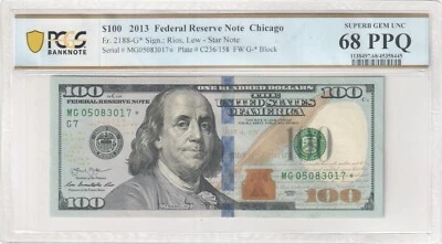 2013 $100 FR2188-G FEDERAL RESERVE NOTE CHICAGO  PPQ 🌟 STAR NOTE 🌟 GEM 68PPQ - Image 1 of 3