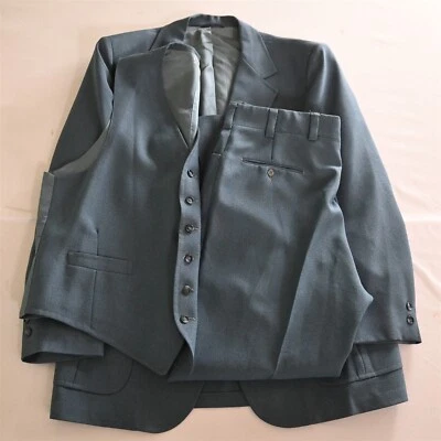Vtg 44R 36x30 Blue Knit Bootcut 3 Piece Mens Vest Jacket Pants Suit - Image 1 of 4