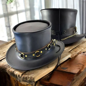 Klassischer schwarzer Lederhut Schnallenband Steampunk Gothic viktorianisch formeller Hut - Bild 1 von 7