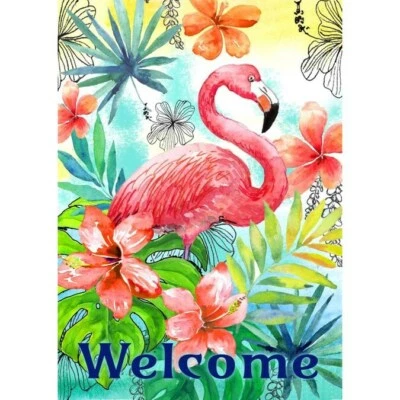 WELCOME FANCY FLAMINGO 12.5" X 18" GARDEN FLAG 27-3379-123 FLIP IT! RAIN SHINE Foto 1 de 3