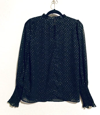 Top Rachel Zoe para mujer mediano negro dorado lunares puños ajustados gasa volantes Foto 1 de 4