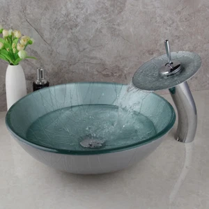  Bathroom Sinks Tempered Glass Round Bowl Mixer Taps Chrome Faucet + Drain Set - Picture 1 of 7
