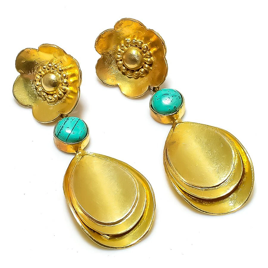 Pendientes chapados en oro con piedras preciosas de malaquita Desingner joyería regalo para esposa Foto 1 de 1