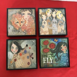 Juego de 4 cuadros de 6”x6” hermanas zorro flor decoración de pared ojos grandes niñas lienzo - Imagen 1 de 12