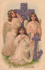 Easter Angels Postcard Cross, Hearts, Anchor in Flowers Embossed c 1910    H10 - Picture 1 of 2