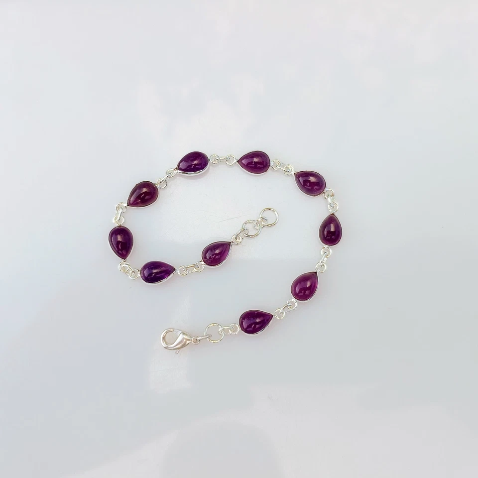Natural Purple Amethyst Gemstone Bracelet 925 Sterling Silver Handmade Jewelry - Image 1 of 4