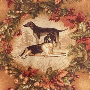 Vintage Fall Wreath Hunting Dog Heavy Fabric Remnant Taupe Burgundy Olive Green - Picture 1 of 8
