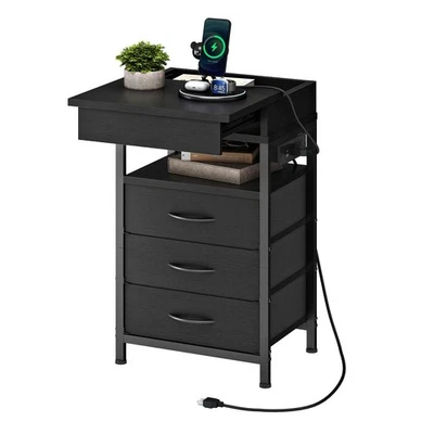 Mesita de noche con estación de carga, mesita de noche con cajones de tela, mesa final... Foto 1 de 4