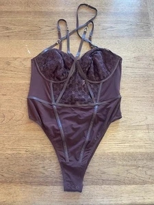 Victoria's Secret Brown X-LARGE VS Logo Embroidery Balconette Faux Leather Teddy - Picture 1 of 4
