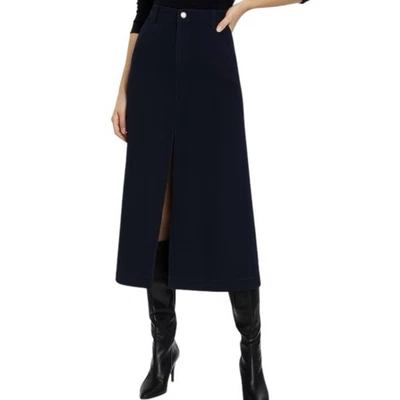 Falda midi Nicole Miller azul marino de sarga denim talla L abertura frontal ajuste elástico Foto 1 de 4