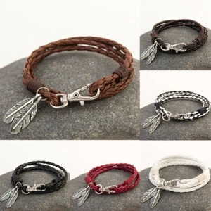 Punk handwoven leaves multi-layer leather rope bracelet leather hand jewelry - Picture 1 of 17