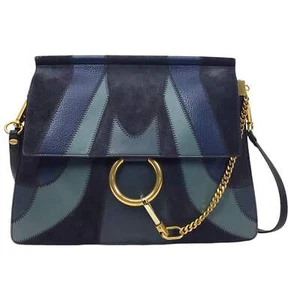 Chloe Faye Patchwork Handbag w/ Blue Suede and Leather with Gold Tone Ring Chain - Picture 1 of 16
