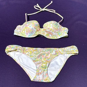 VICTORIA'S SECRET Yellow Pink Paisley Bikini Top 32A Bottom Size S NWOT ❤️sj7m58 - Picture 1 of 9