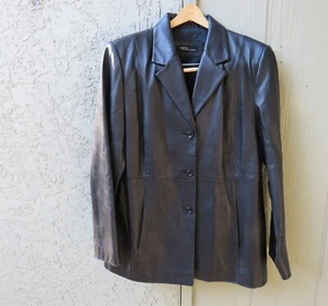 Valerie Stevens Jacket Blazer Sz 12 Black Genuine Leather Lined 3 Button - Picture 1 of 5
