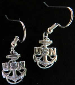 USN Symbol Rank Chief Petty Officer Earrings US Navy Oxidized Matte Silver - Picture 1 of 8