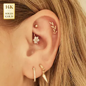 14K REAL Solid Gold Curved Leaf Ear Piercing Cartilage Stud Earring Piercing 18G - Picture 1 of 7