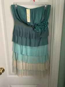 Aniina Strapless Green Blue Beige Layered Dress Flower Waist Size Med NWT - Picture 1 of 7