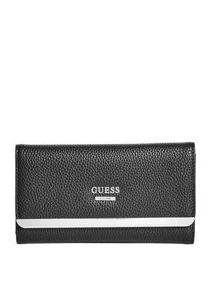 NEW GUESS LARGO SILVER, BLACK PEBBLED LEATHERETTE SLIM TRI-FOLD WALLET,CLUTCH - Image 1 of 3