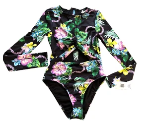 NEW NWT Hurley 1 one pc swim suit rash guard M MEDIUM long sleeves zipper floral - Picture 1 of 9