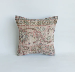 vintage decorative carpet pillow cover , handwoven turkish pillow case, 16x16 in - Picture 1 of 9