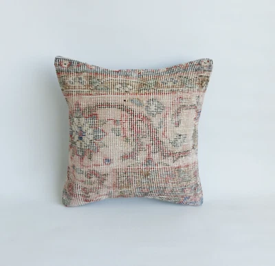 vintage decorative carpet pillow cover , handwoven turkish pillow case, 16x16 in - Image 1 of 4