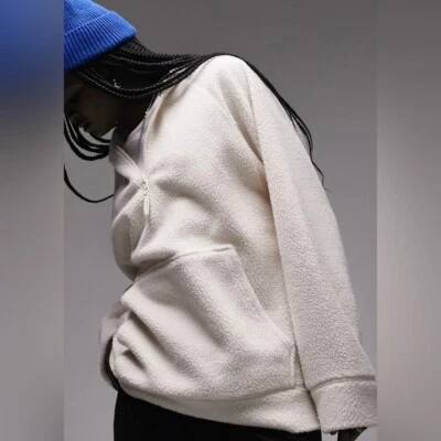 Topshop Borg Quarter Zip Fleece Sherpa Pocket Hoodie in Ivory Size XS - Image 1 of 4