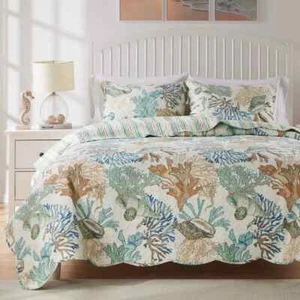 NEW! ~ COZY TROPICAL BEACH BLUE AQUA TEAL CORAL COASTAL SEA SHELL SAND QUILT SET - Picture 1 of 4