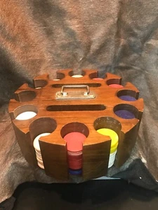 Vintage Wooden Poker Chip Caddy Lazy Susan. With Original Chips And Cover 1950s! - Picture 1 of 12