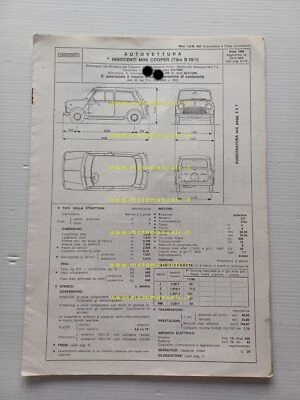 Innocenti Mini Cooper 1966 agg. 1968 scheda omologazione DGM Motorizz. Facsimile - Immagine 1 di 3