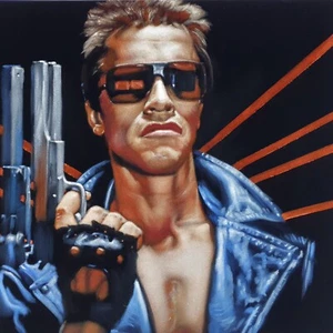 Arnold Schwarzenegger come Terminator, dimensioni 24"x18", olio su velluto. A608 - Foto 1 di 22